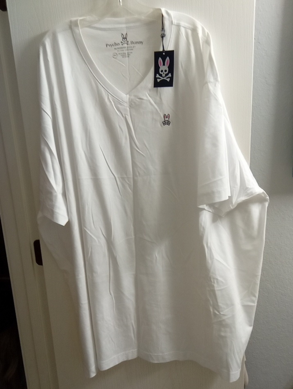 Psycho Bunny Men’s White V-Neck Tee with Pink & Black Logo